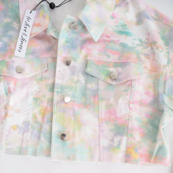 For Love  & Lemons Delphine Tie-Dye Print Cropped Denim Button Up Jacket L NWT - Picture 6 of 13